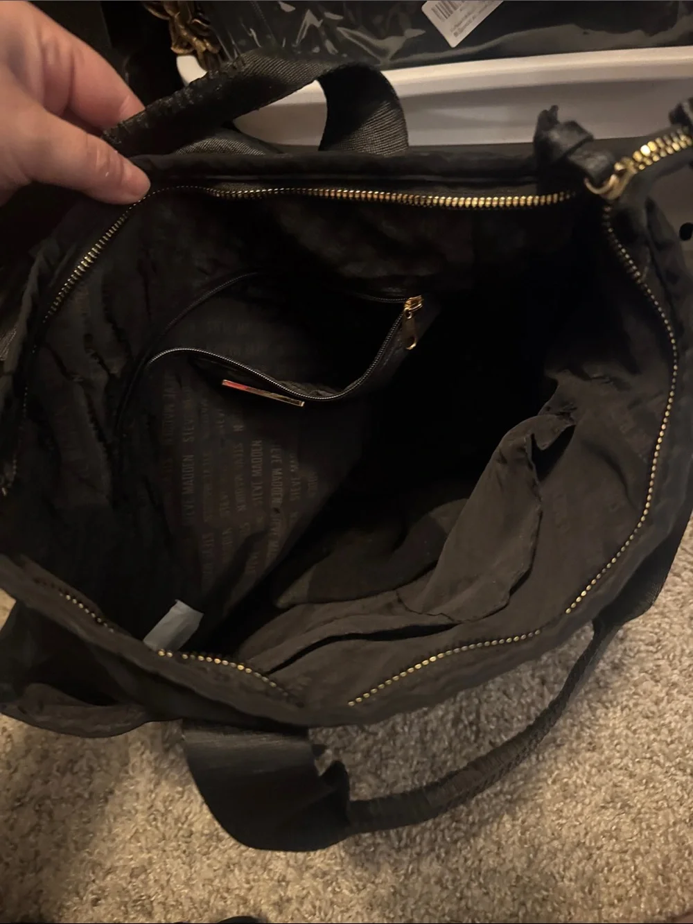 Steve Madden Black Duffel Bag with Gold Zippers
